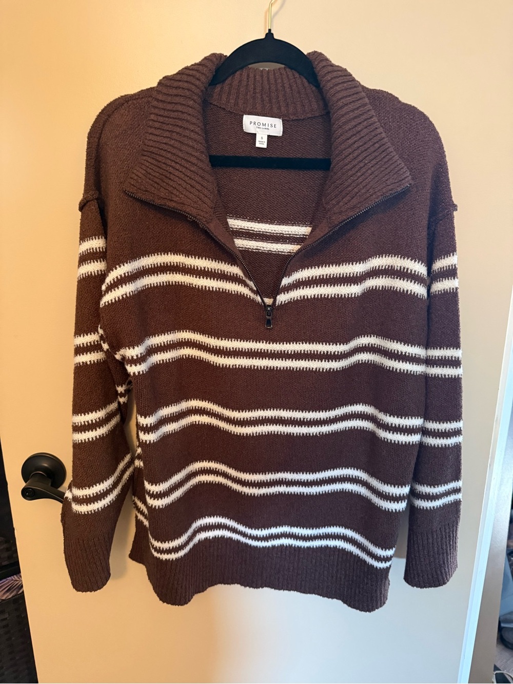 Promise Brown and White Striped Half-Zip Turtleneck Sweater NWOT